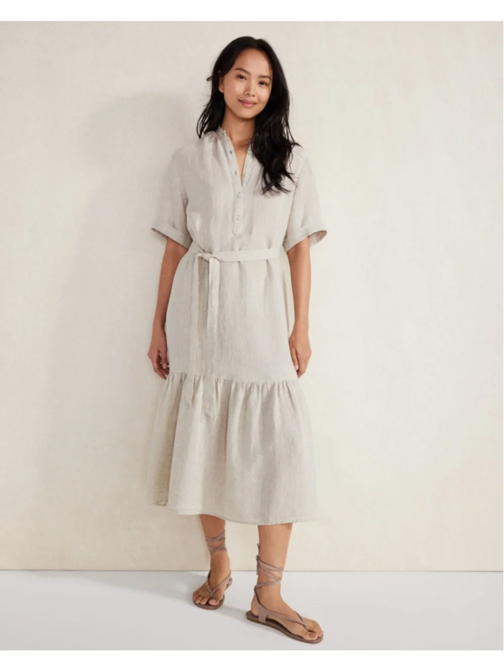 NWT Haven Well Within Linen Tiered Midi Shirt Dress Flax Sz L Beachy Coastal